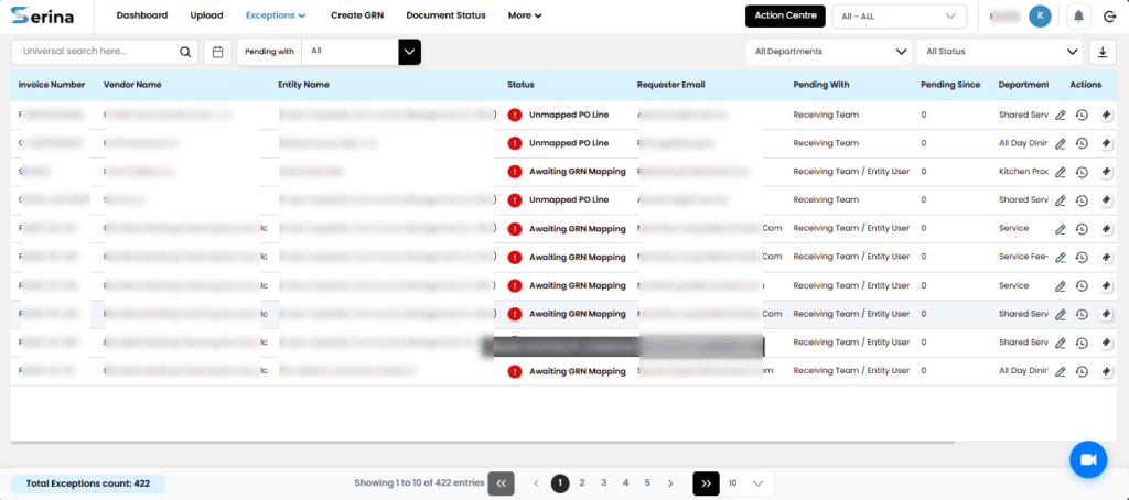 Serina - exception handling screen